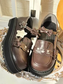 Sweet Lolita Shoes Black Stars Print Bows Round Toe PU Leather Flat Lolita Shoes High Quality