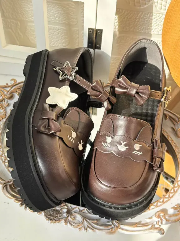 Sweet Lolita Shoes Black Stars Print Bows Round Toe PU Leather Flat Lolita Shoes High Quality