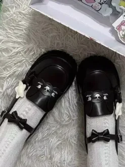 Sweet Lolita Shoes Black Stars Print Bows Round Toe PU Leather Flat Lolita Shoes High Quality