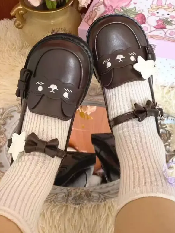 Sweet Lolita Shoes Black Stars Print Bows Round Toe PU Leather Flat Lolita Shoes High Quality