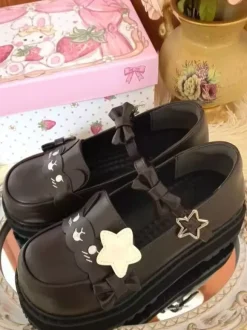 Sweet Lolita Shoes Black Stars Print Bows Round Toe PU Leather Flat Lolita Shoes High Quality