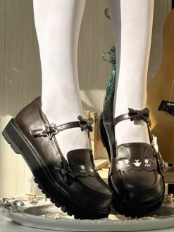 Sweet Lolita Shoes Black Stars Print Bows Round Toe PU Leather Flat Lolita Shoes High Quality