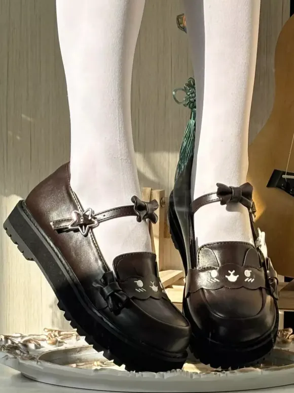 Sweet Lolita Shoes Black Stars Print Bows Round Toe PU Leather Flat Lolita Shoes High Quality