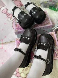 Sweet Lolita Shoes Black Stars Print Bows Round Toe PU Leather Flat Lolita Shoes High Quality