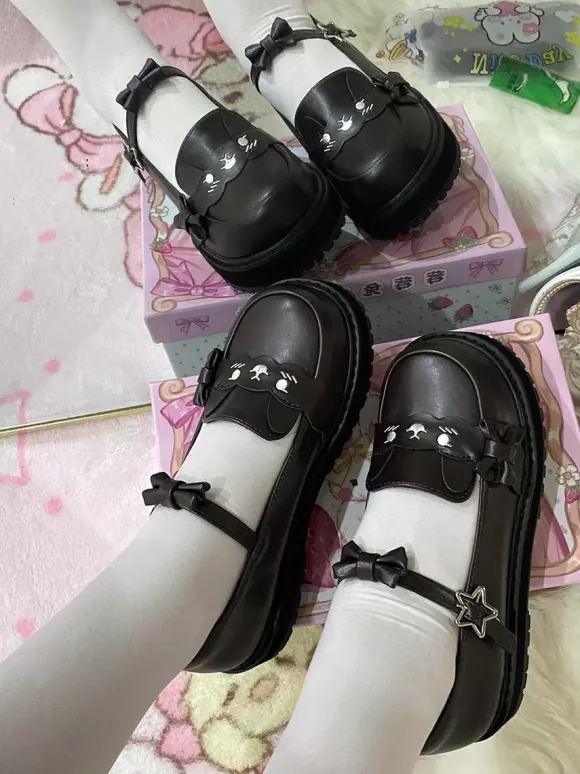 Sweet Lolita Shoes Black Stars Print Bows Round Toe PU Leather Flat Lolita Shoes High Quality