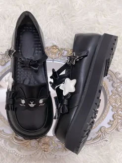 Sweet Lolita Shoes Black Stars Print Bows Round Toe PU Leather Flat Lolita Shoes High Quality
