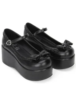 Sweet Lolita Shoes Black Platform Wedge Ankle Strap Lolita Shoes With Bow