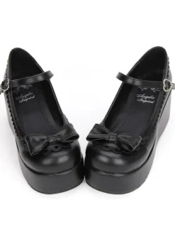 Sweet Lolita Shoes Black Platform Wedge Ankle Strap Lolita Shoes With Bow