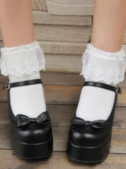 Sweet Lolita Shoes Black Platform Wedge Ankle Strap Lolita Shoes With Bow
