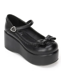 Sweet Lolita Shoes Black Platform Wedge Ankle Strap Lolita Shoes With Bow