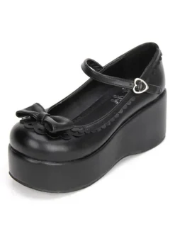 Sweet Lolita Shoes Black Platform Wedge Ankle Strap Lolita Shoes With Bow