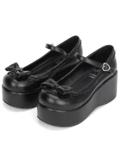 Sweet Lolita Shoes Black Platform Wedge Ankle Strap Lolita Shoes With Bow