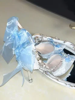 Sweet Lolita Shoes Blue Chains Bows Pointed Toe Stiletto Heel Lolita Shoes