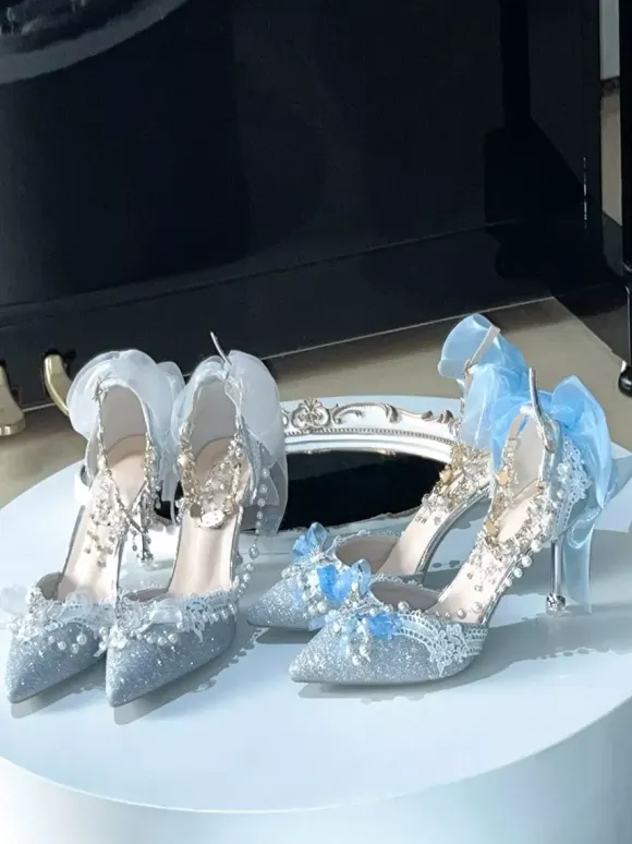 Sweet Lolita Shoes Blue Chains Bows Pointed Toe Stiletto Heel Lolita Shoes