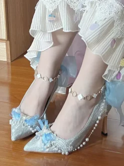 Sweet Lolita Shoes Blue Chains Bows Pointed Toe Stiletto Heel Lolita Shoes