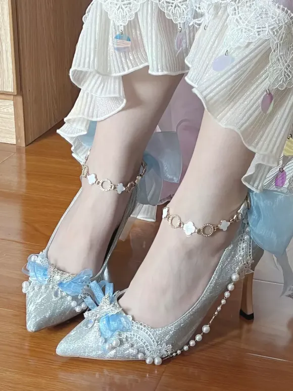 Sweet Lolita Shoes Blue Chains Bows Pointed Toe Stiletto Heel Lolita Shoes