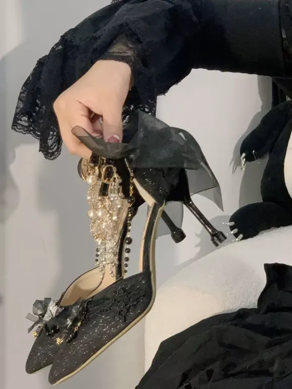 Sweet Lolita Shoes Blue Chains Bows Pointed Toe Stiletto Heel Lolita Shoes
