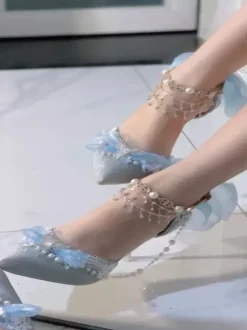 Sweet Lolita Shoes Blue Chains Bows Pointed Toe Stiletto Heel Lolita Shoes