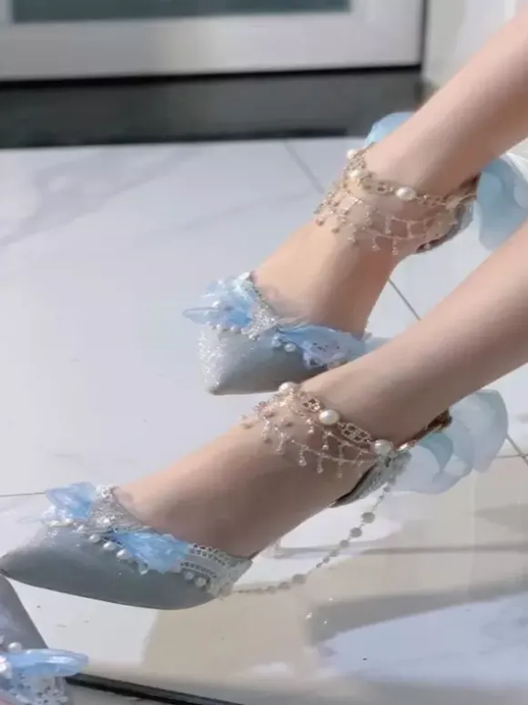 Sweet Lolita Shoes Blue Chains Bows Pointed Toe Stiletto Heel Lolita Shoes