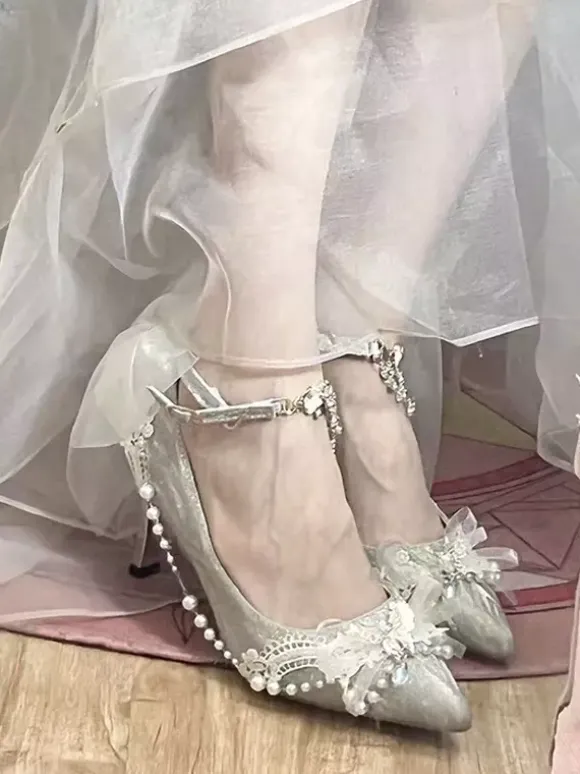 Sweet Lolita Shoes Blue Chains Bows Pointed Toe Stiletto Heel Lolita Shoes