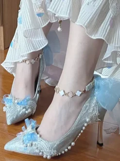 Sweet Lolita Shoes Blue Chains Bows Pointed Toe Stiletto Heel Lolita Shoes