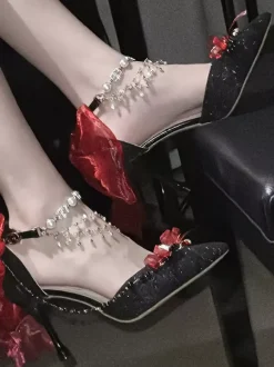 Sweet Lolita Shoes Blue Chains Bows Pointed Toe Stiletto Heel Lolita Shoes