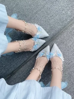 Sweet Lolita Shoes Blue Chains Bows Pointed Toe Stiletto Heel Lolita Shoes