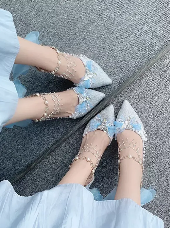 Sweet Lolita Shoes Blue Chains Bows Pointed Toe Stiletto Heel Lolita Shoes