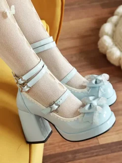 Sweet Lolita Shoes Blue Grommets Bows Lace Round Toe PU Leather Chunky Heel Lolita Pumps