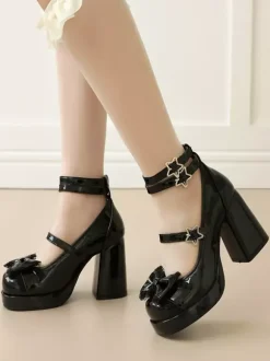 Sweet Lolita Shoes Blue Grommets Bows Lace Round Toe PU Leather Chunky Heel Lolita Pumps