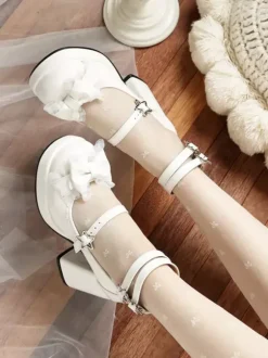 Sweet Lolita Shoes Blue Grommets Bows Lace Round Toe PU Leather Chunky Heel Lolita Pumps