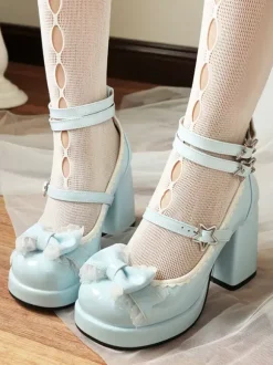 Sweet Lolita Shoes Blue Grommets Bows Lace Round Toe PU Leather Chunky Heel Lolita Pumps