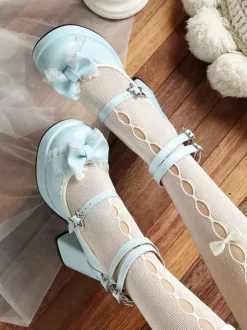 Sweet Lolita Shoes Blue Grommets Bows Lace Round Toe PU Leather Chunky Heel Lolita Pumps