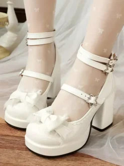 Sweet Lolita Shoes Blue Grommets Bows Lace Round Toe PU Leather Chunky Heel Lolita Pumps