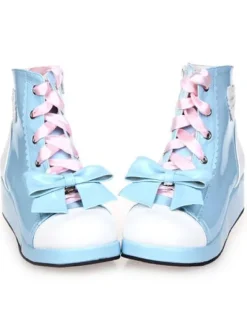 Sweet Lolita Shoes Blue Wedge Lace Up Bow Zipper Lolita Boots
