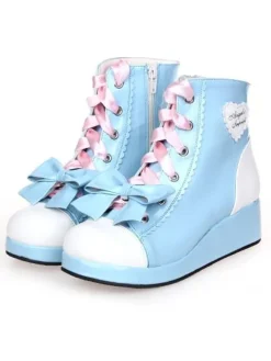 Sweet Lolita Shoes Blue Wedge Lace Up Bow Zipper Lolita Boots
