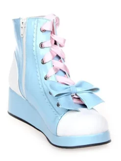 Sweet Lolita Shoes Blue Wedge Lace Up Bow Zipper Lolita Boots