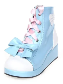 Sweet Lolita Shoes Blue Wedge Lace Up Bow Zipper Lolita Boots