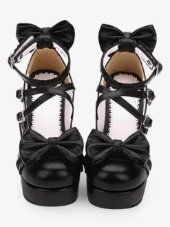 Sweet Lolita Shoes Bow Strappy Platform Chunky Heel Burgundy Lolita Footwear