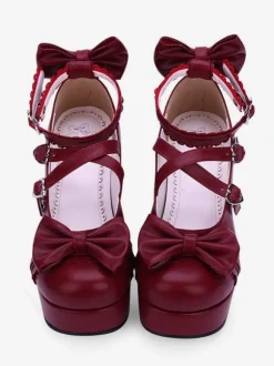 Sweet Lolita Shoes Bow Strappy Platform Chunky Heel Burgundy Lolita Footwear