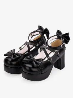 Sweet Lolita Shoes Bow Strappy Platform Chunky Heel Burgundy Lolita Footwear