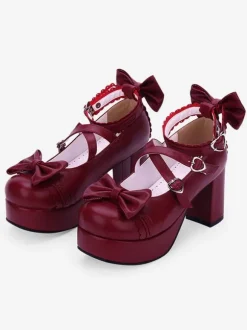 Sweet Lolita Shoes Bow Strappy Platform Chunky Heel Burgundy Lolita Footwear