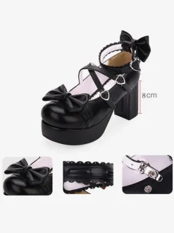 Sweet Lolita Shoes Bow Strappy Platform Chunky Heel Burgundy Lolita Footwear