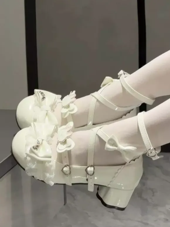Sweet Lolita Shoes Ecru White Bows PU Leather Ankle Strap Chunky Heel Lolita Pumps