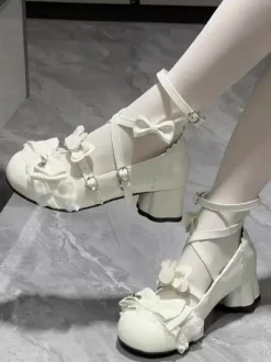 Sweet Lolita Shoes Ecru White Bows PU Leather Ankle Strap Chunky Heel Lolita Pumps