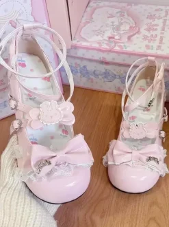 Sweet Lolita Shoes Ecru White Bows PU Leather Ankle Strap Chunky Heel Lolita Pumps