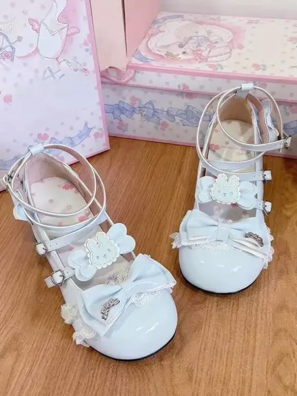 Sweet Lolita Shoes Ecru White Bows PU Leather Ankle Strap Chunky Heel Lolita Pumps