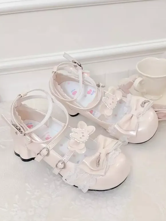 Sweet Lolita Shoes Ecru White Bows PU Leather Ankle Strap Chunky Heel Lolita Pumps