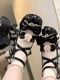 Sweet Lolita Shoes Ecru White Bows PU Leather Ankle Strap Chunky Heel Lolita Pumps