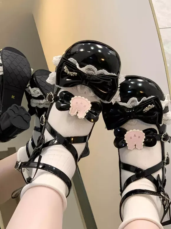 Sweet Lolita Shoes Ecru White Bows PU Leather Ankle Strap Chunky Heel Lolita Pumps